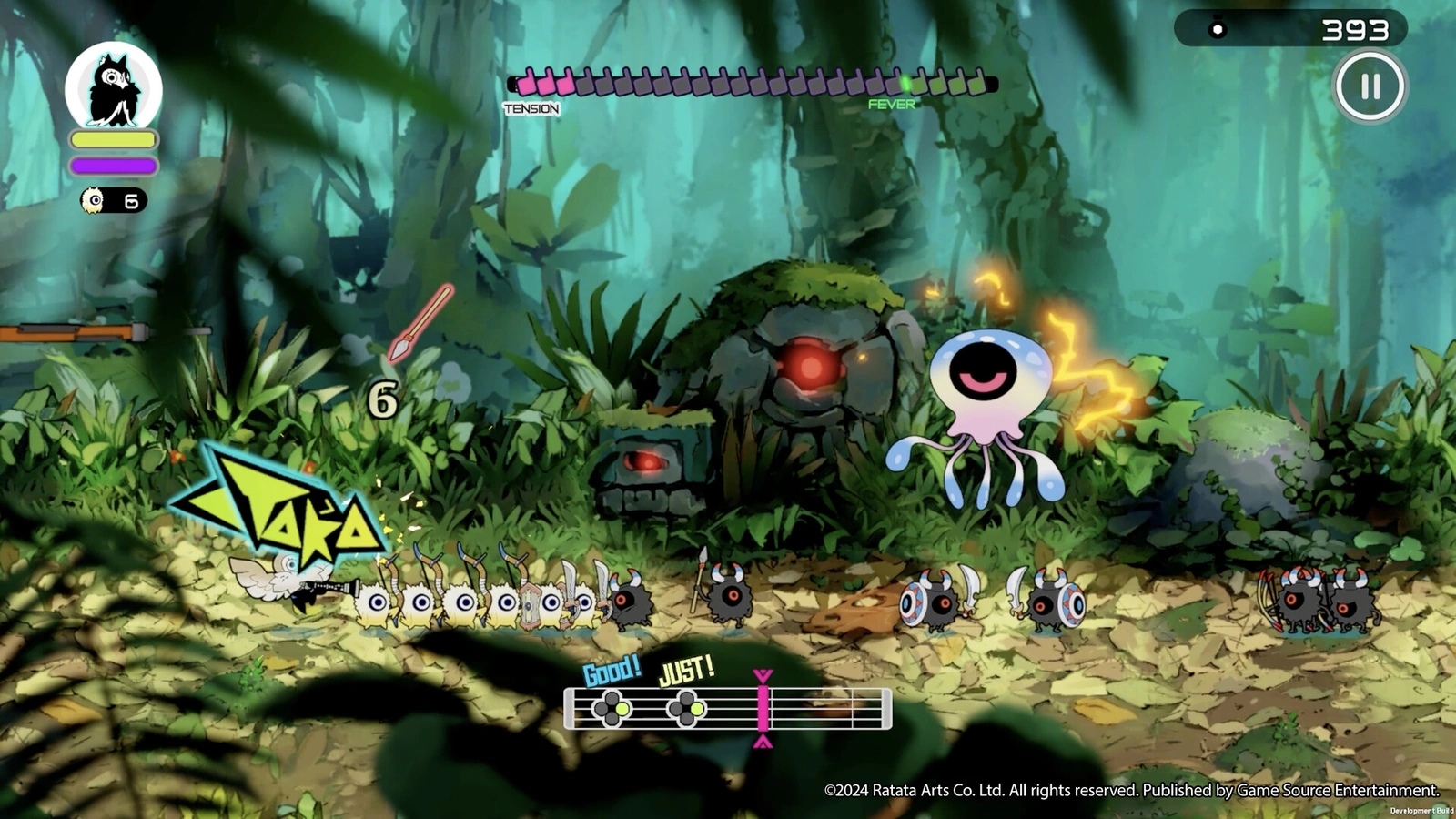 Ratatan marching rhythm combo through a jungle against spear wielding owl enemies