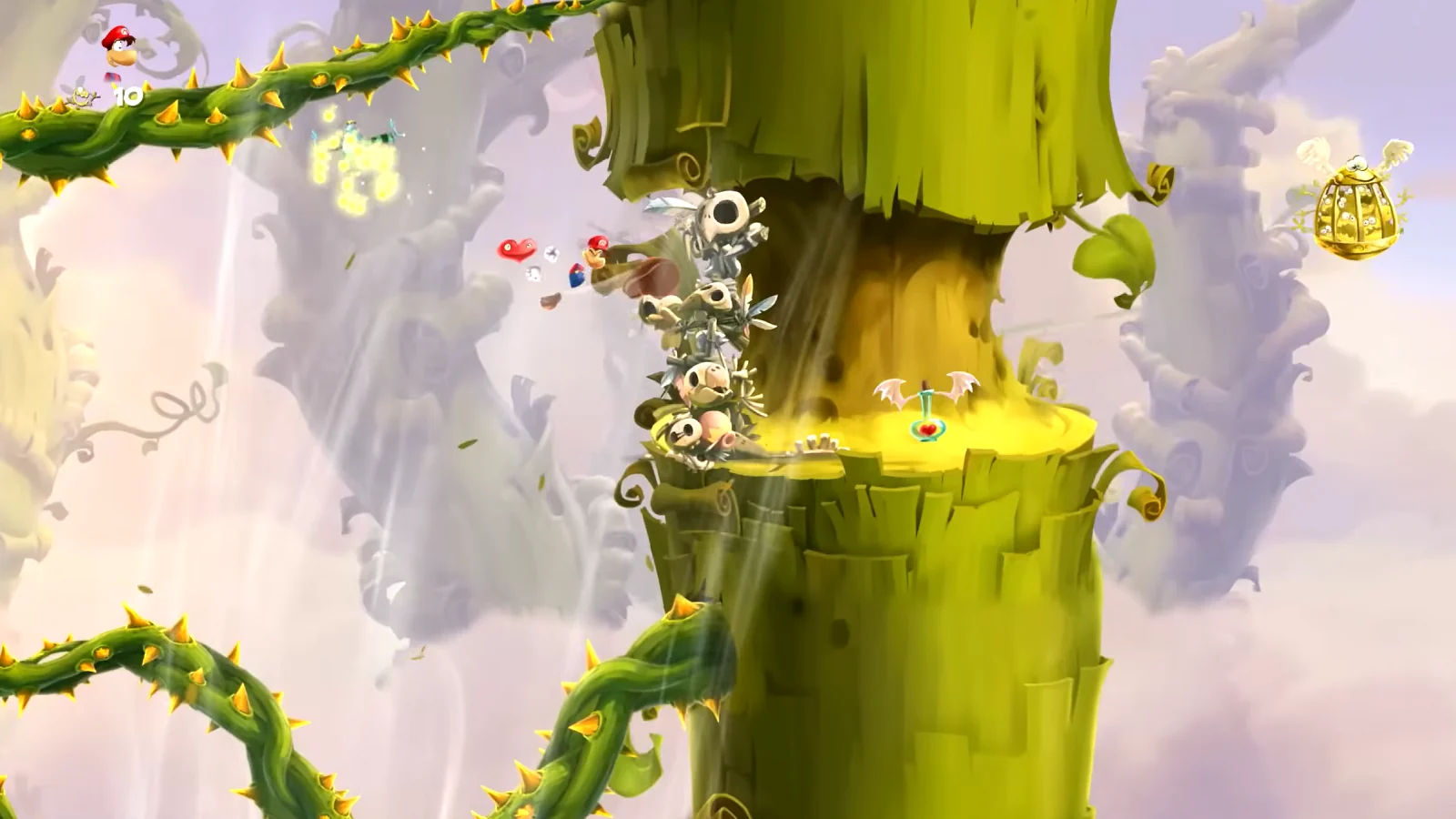 Characters exploring a colorful level in Rayman Legends