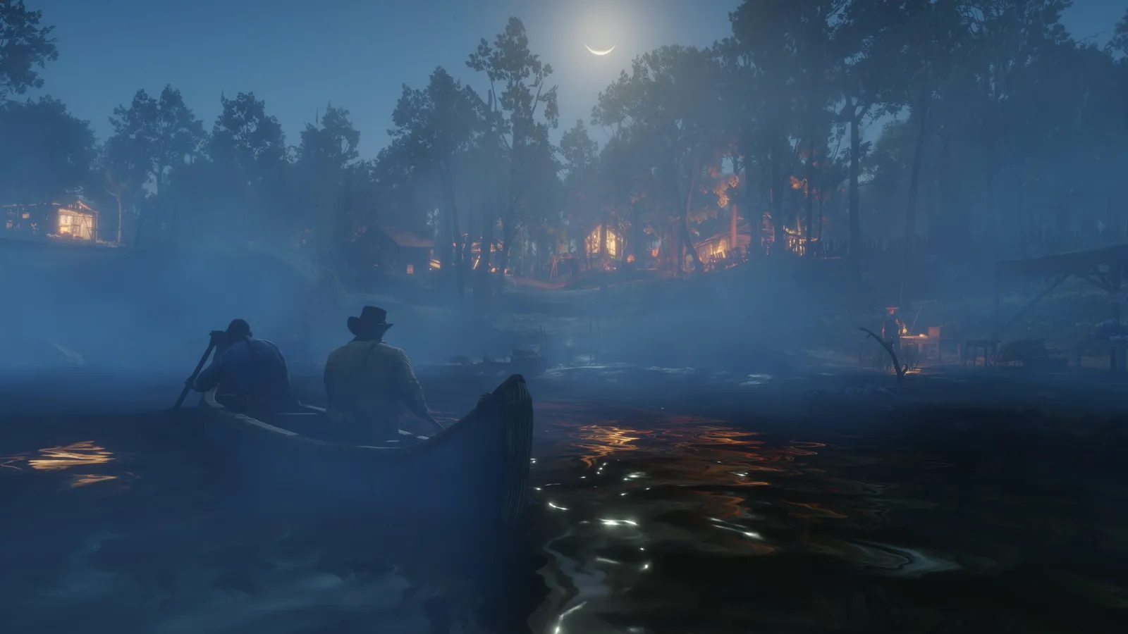 Red Dead Redemption 2 foggy night canoe river camp