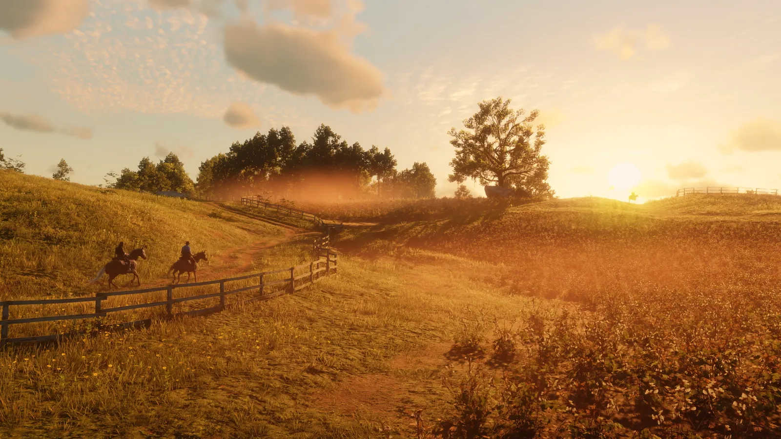 Red Dead Redemption 2 golden hour horseback ride fence