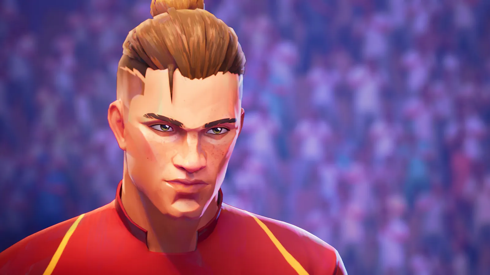 REMATCH closeup of a determined player in red before a stadium crowd