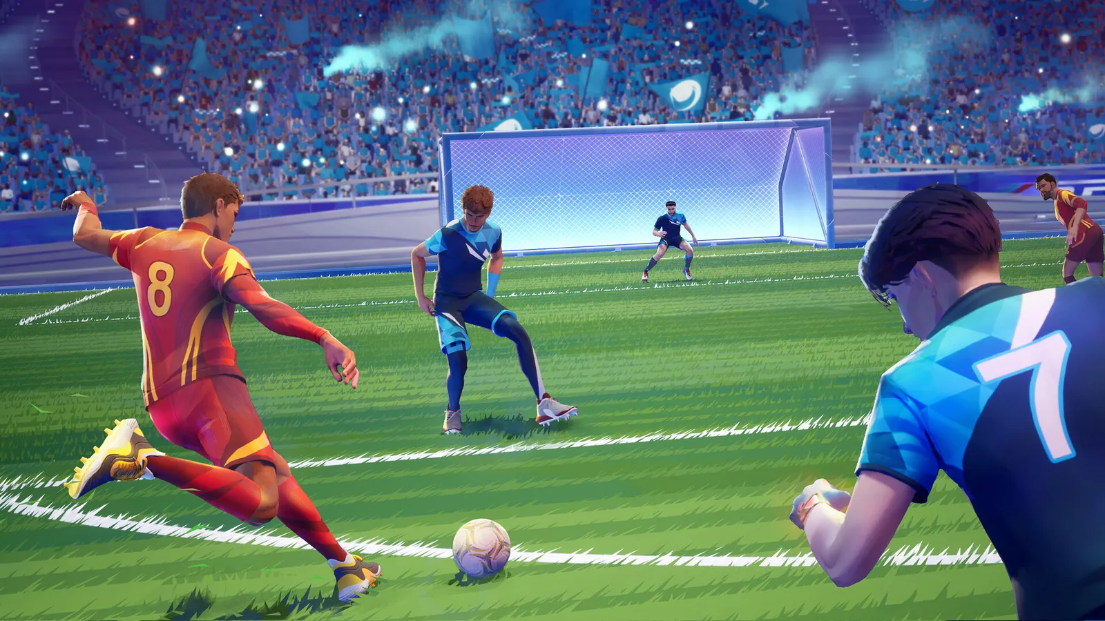 REMATCH player dribbling past a defender near the goal