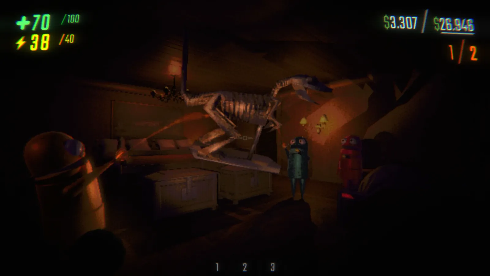 Repo flashlight reveals skeletal creature indoors