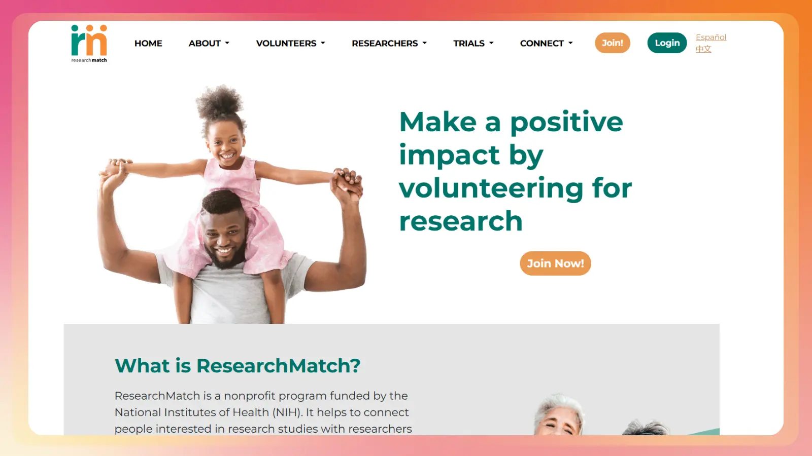 ResearchMatch website showing an invitation to volunteer for research studies