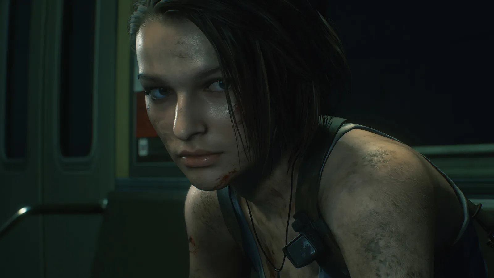 Resident Evil 3 close up of jill valentine with a bloodied face