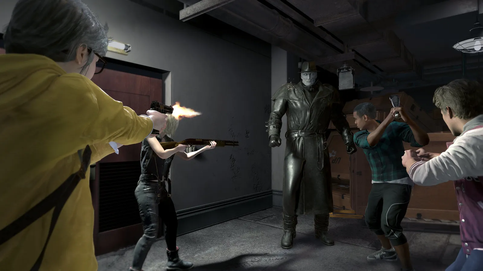 Resident Evil 3 survivors fending off nemesis with firearms and a bat