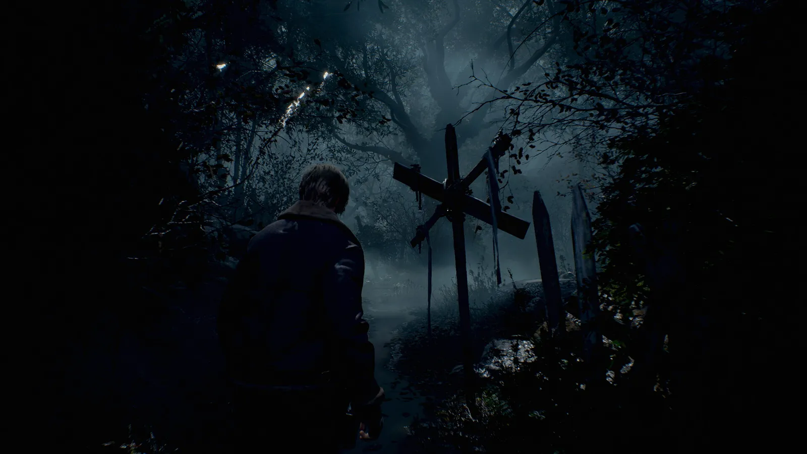 Resident Evil 4 foggy graveyard cross approach