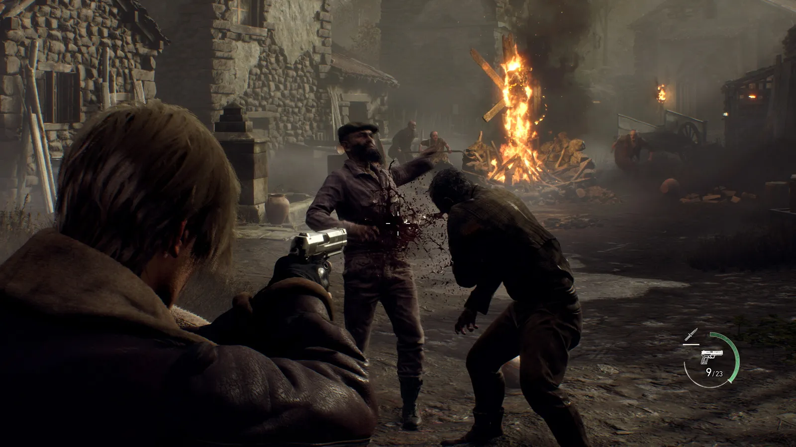 Resident Evil 4 leon shooting villager near bonfire