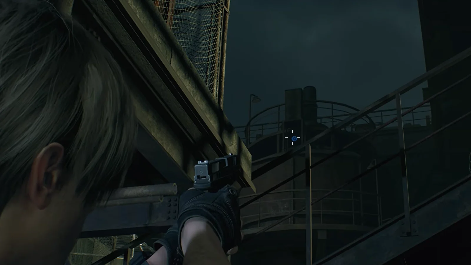 Leon firing a weapon during combat