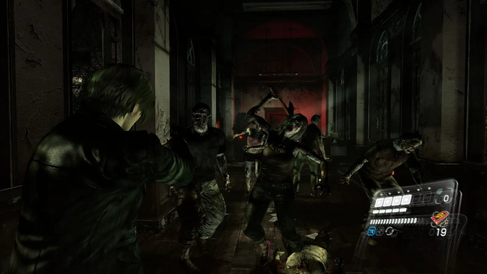 Resident Evil 6 Complete leon facing horde of zombies in dim hallway