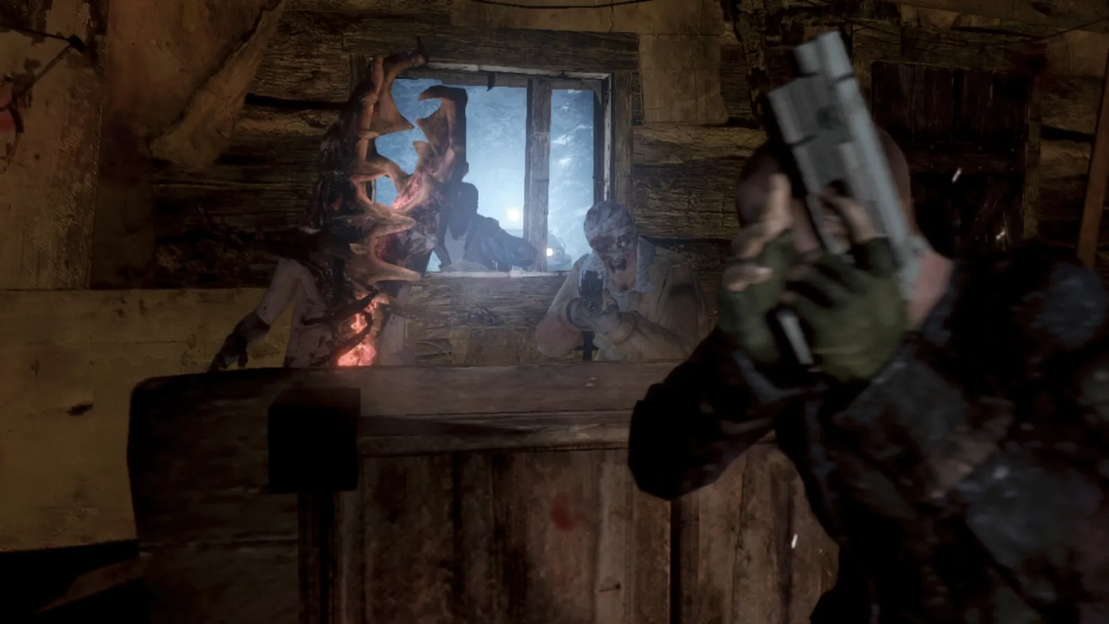 Resident Evil 6 Complete soldiers aiming pistols at window creature in cabin