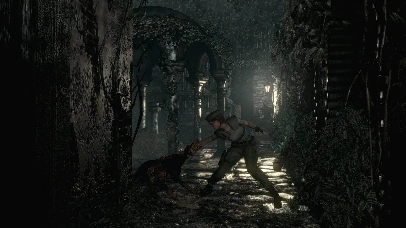 Resident Evil - Biohazard HD Remaster jill fighting zombie dog in overgrown courtyard