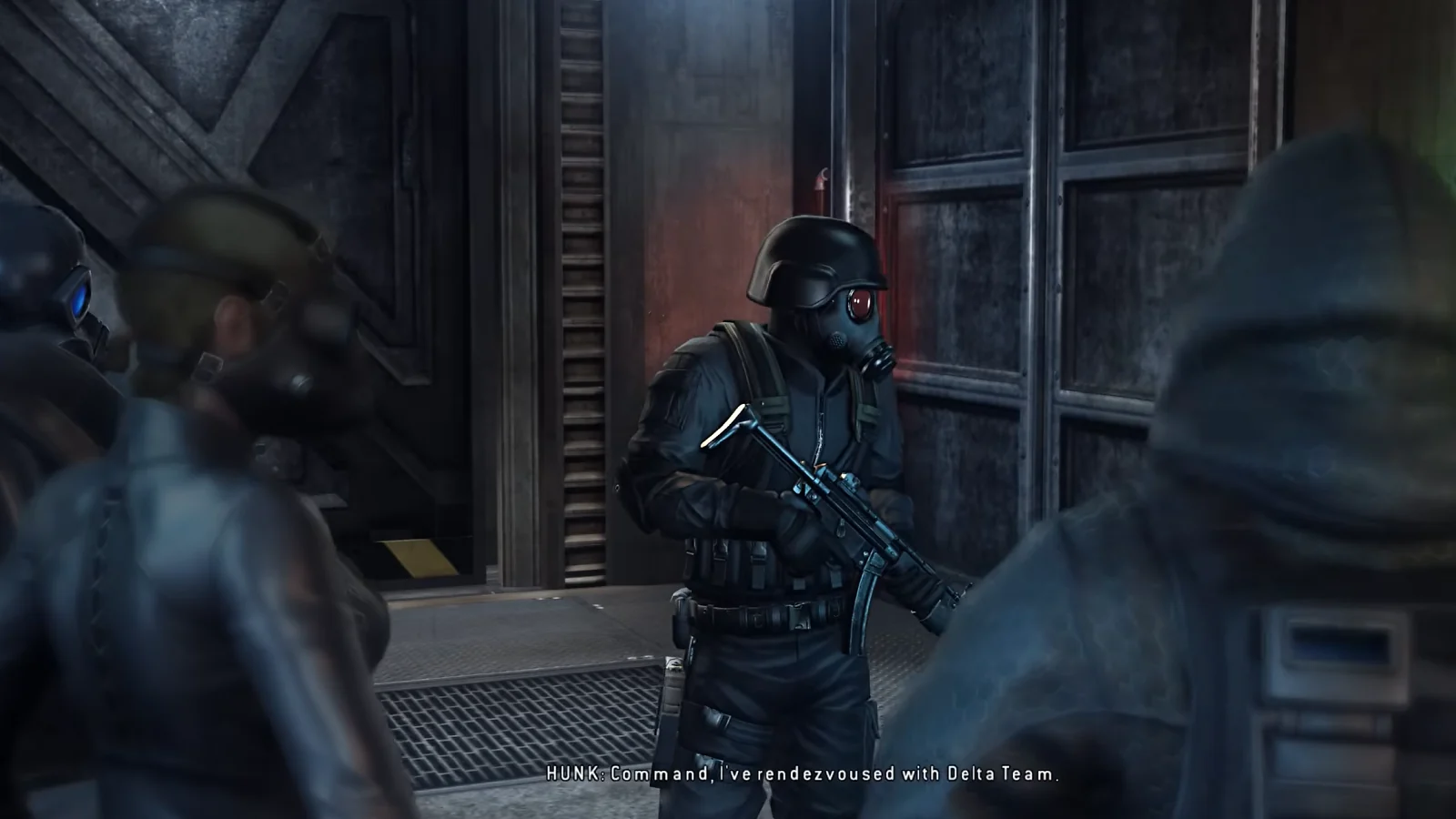 Umbrella soldiers gather inside a dark industrial facility.