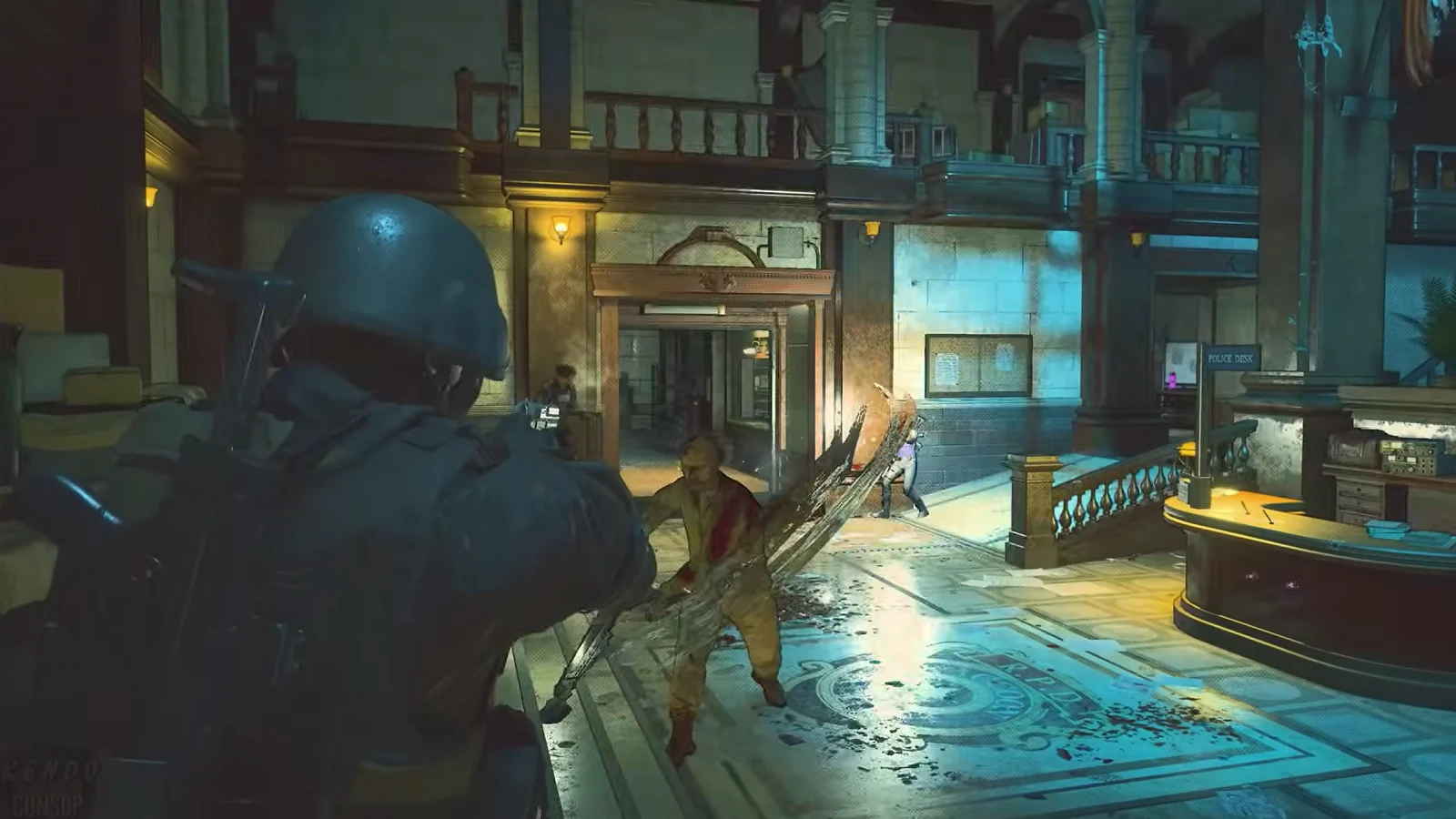 An armed character confronts a mutated enemy inside the Raccoon City Police