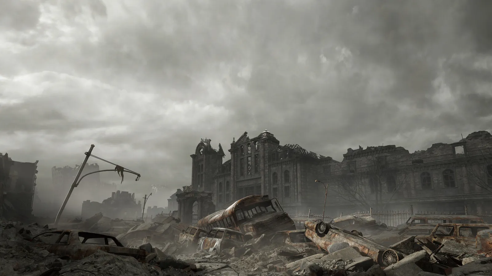 Resident Evil Requiem ruined cityscape with wrecked cars