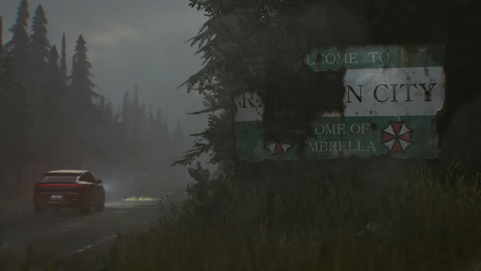 Resident Evil Requiem welcome to raccoon city road sign