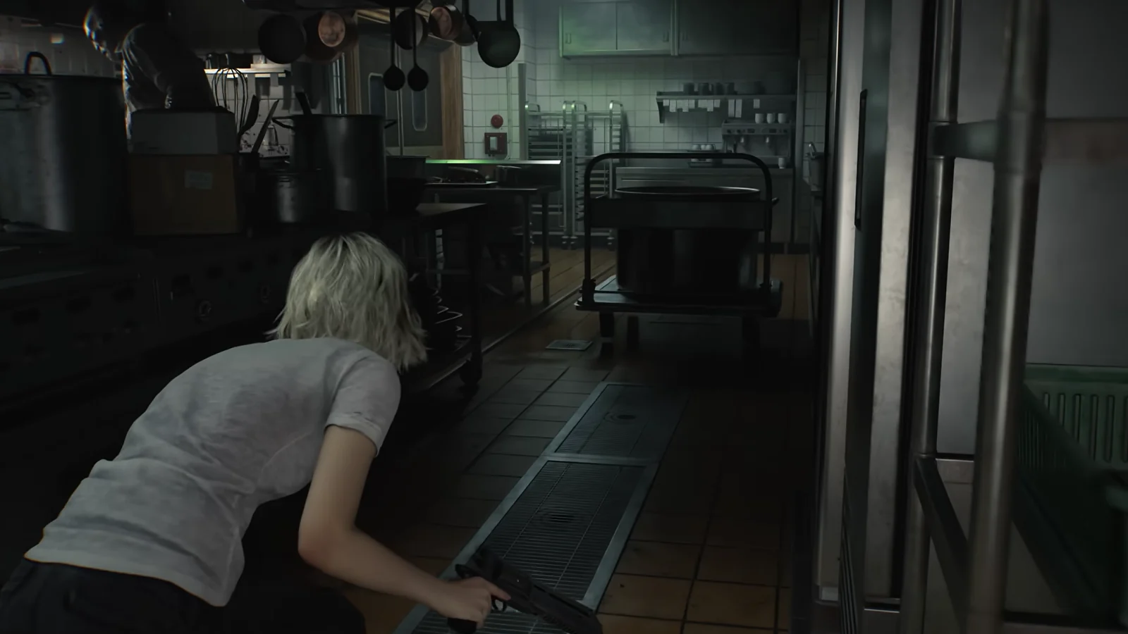 character exploring a dark kitchen
