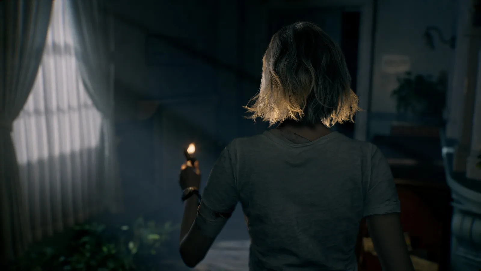 Resident Evil Requiem woman with lighter in dark hallway