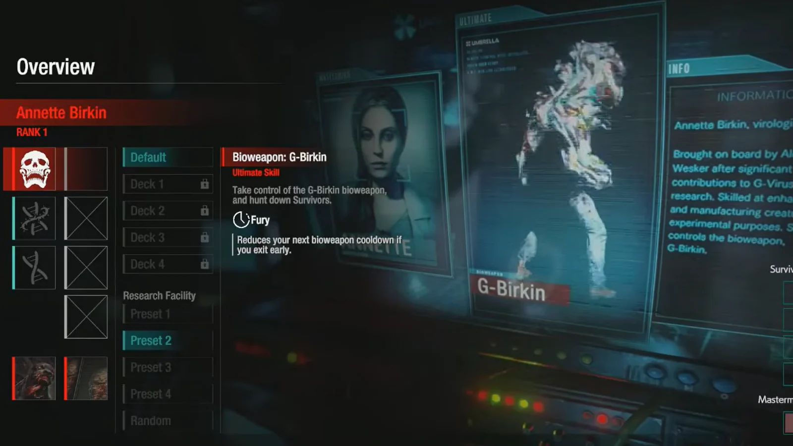 Character selection screen displaying Annette Birkin and the G-Birkin bioweapon.