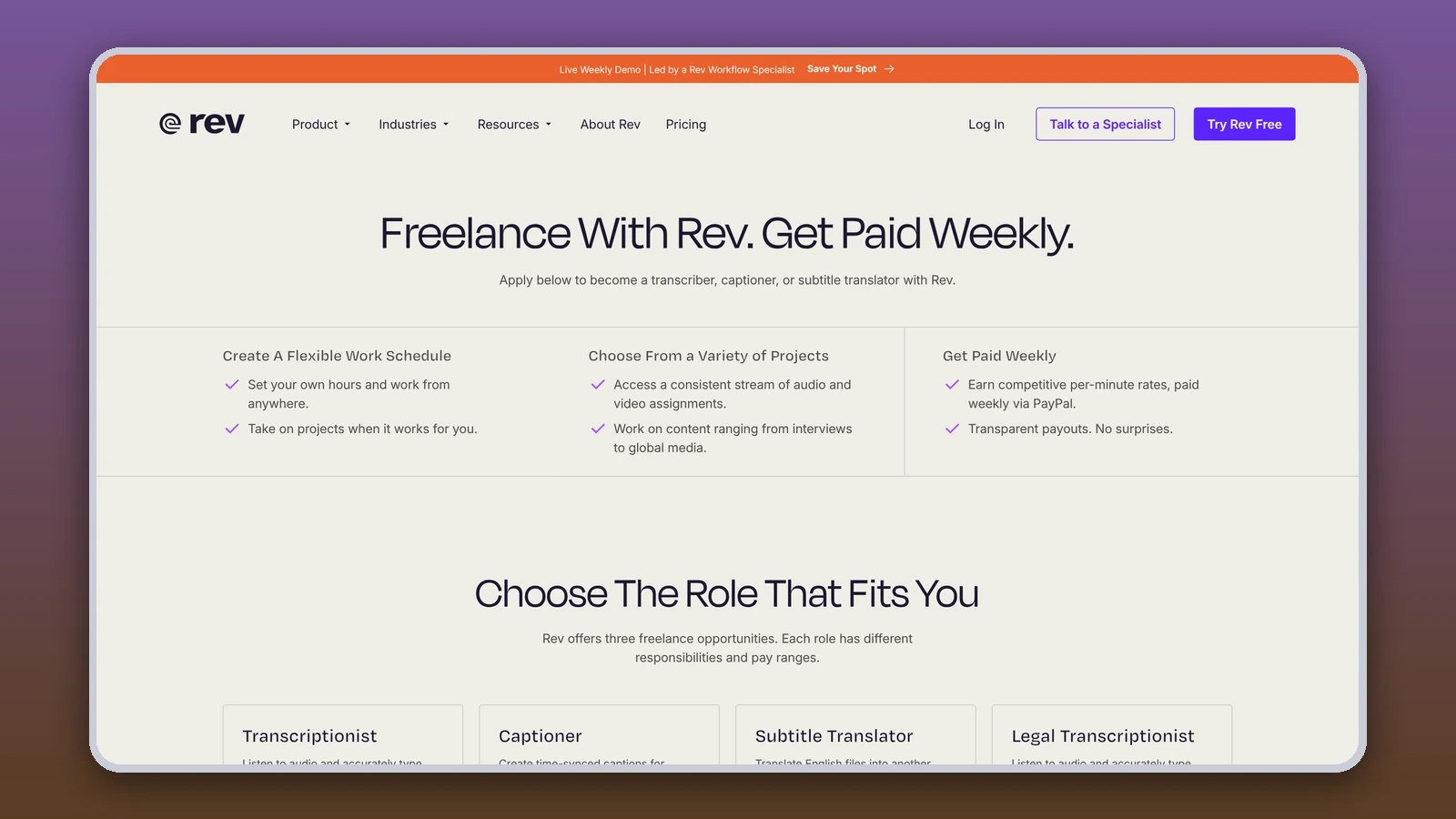 The Rev freelancer page reads “Freelance with Rev. Get paid weekly” above roles for transcriptionists, captioners and subtitle translators