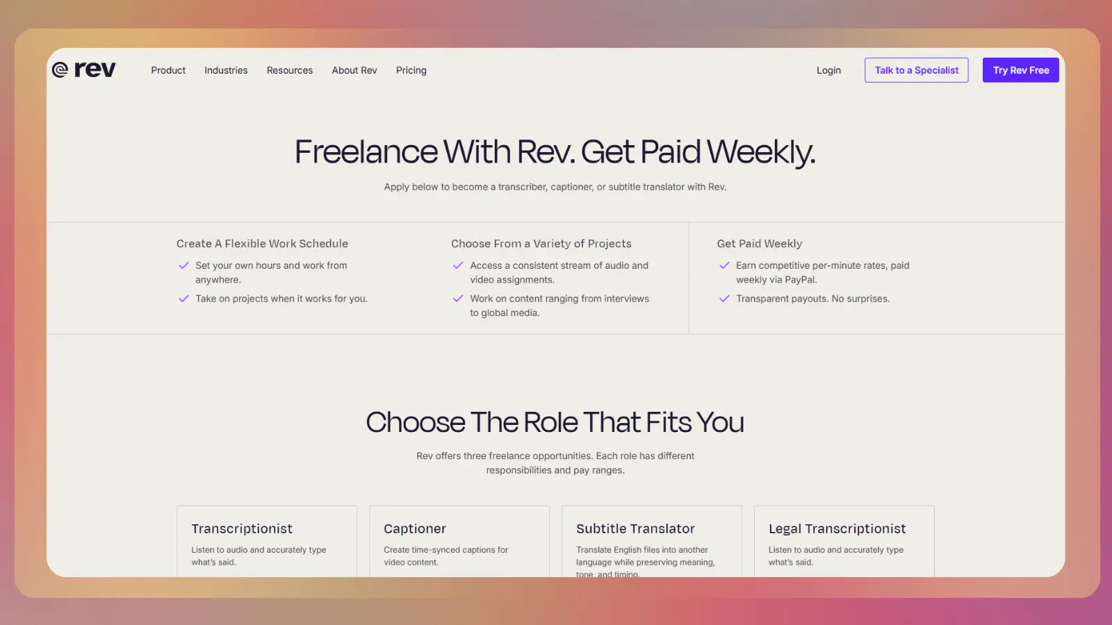 Rev freelance page showing opportunities for transcriptionists, captioners, subtitle translators, and legal transcriptionists