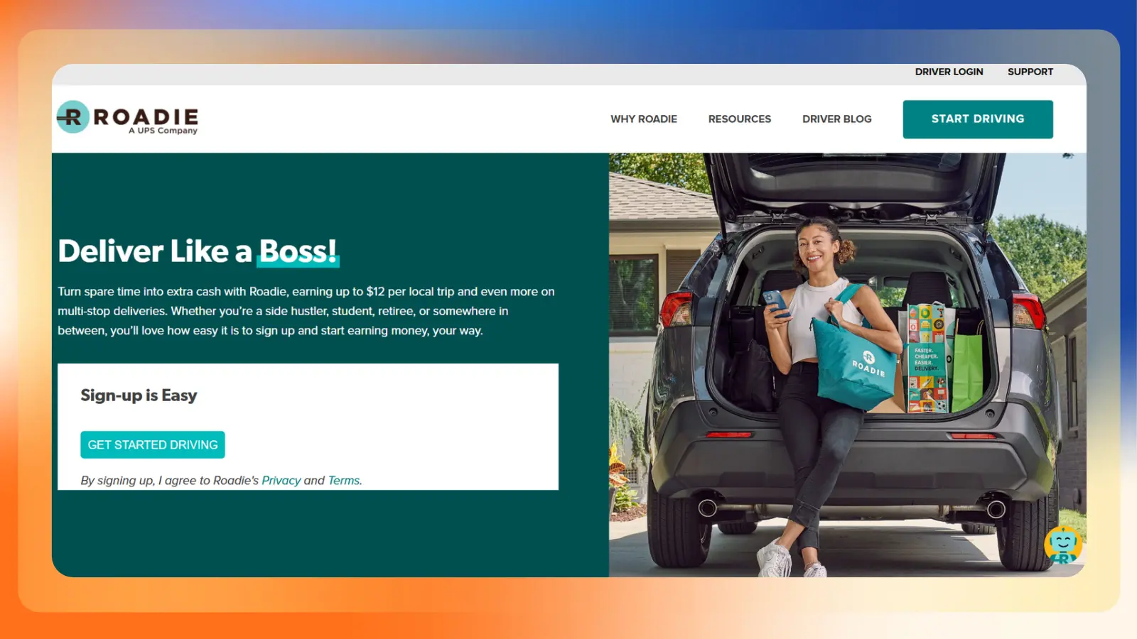 Roadie driver homepage promoting local delivery work, showing a woman sitting in an open vehicle trunk beside delivery bags and packages