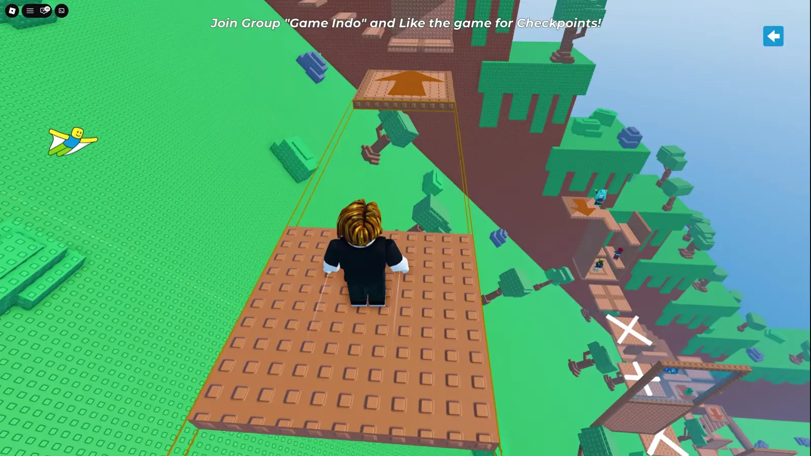 A character navigating platforms in a tall obstacle tower