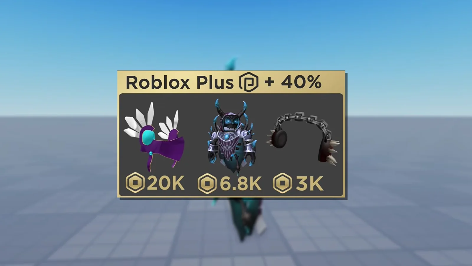 Roblox Plus membership screen showing a 40% Robux bonus and three avatar accessories priced at 20K, 6.8K, and 3K Robux