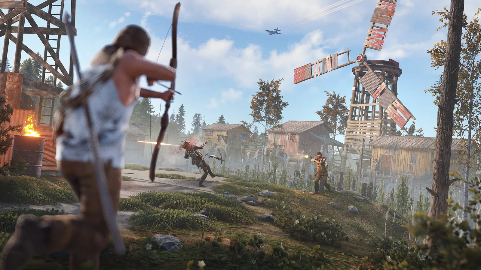 Rust archer and gunner fighting raiders near windmill village