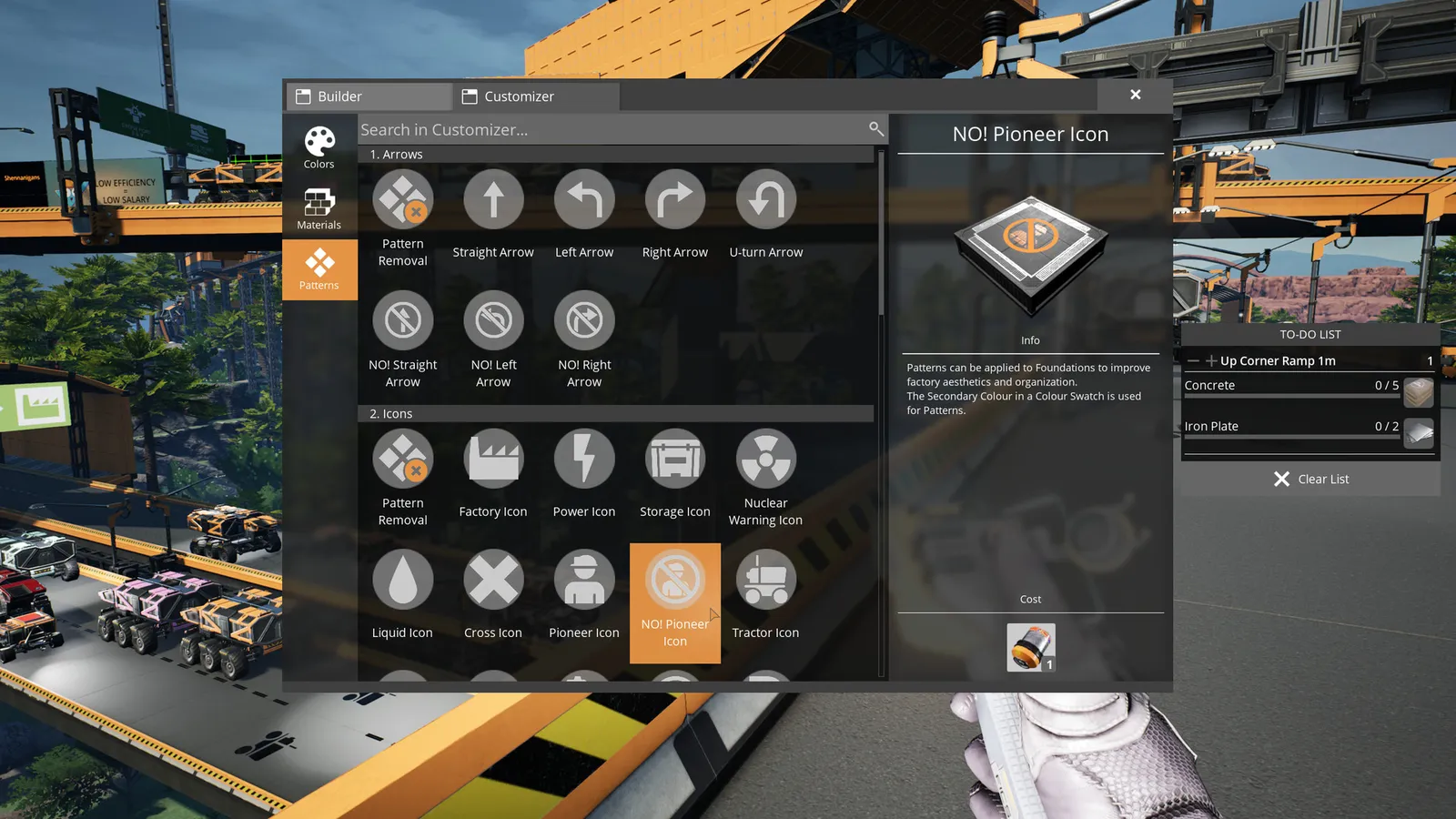Satisfactory customizer menu for factory building patterns and icons