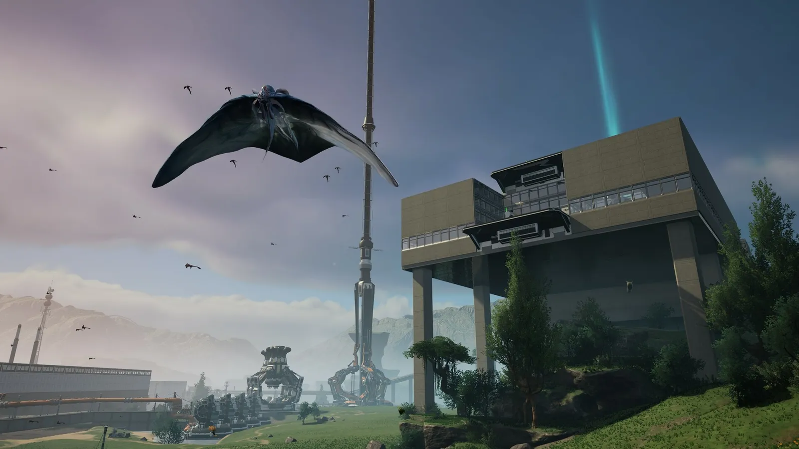 Satisfactory giant flying creature soaring near research tower and pillar