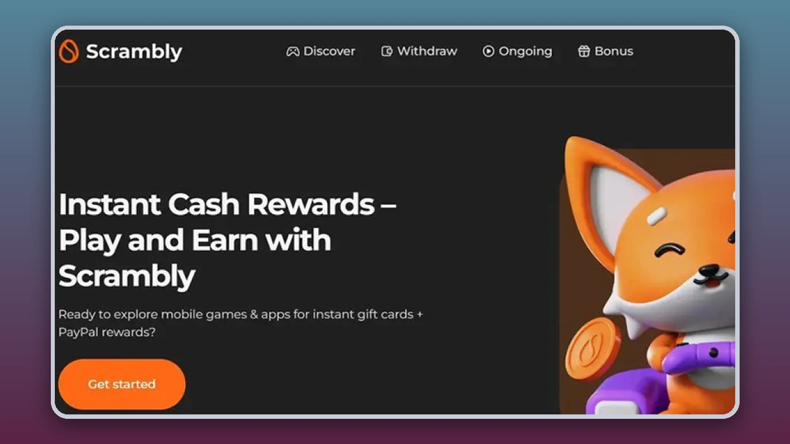 The Scrambly homepage reads “Instant cash rewards – play and earn with Scrambly” next to an orange fox mascot holding a coin