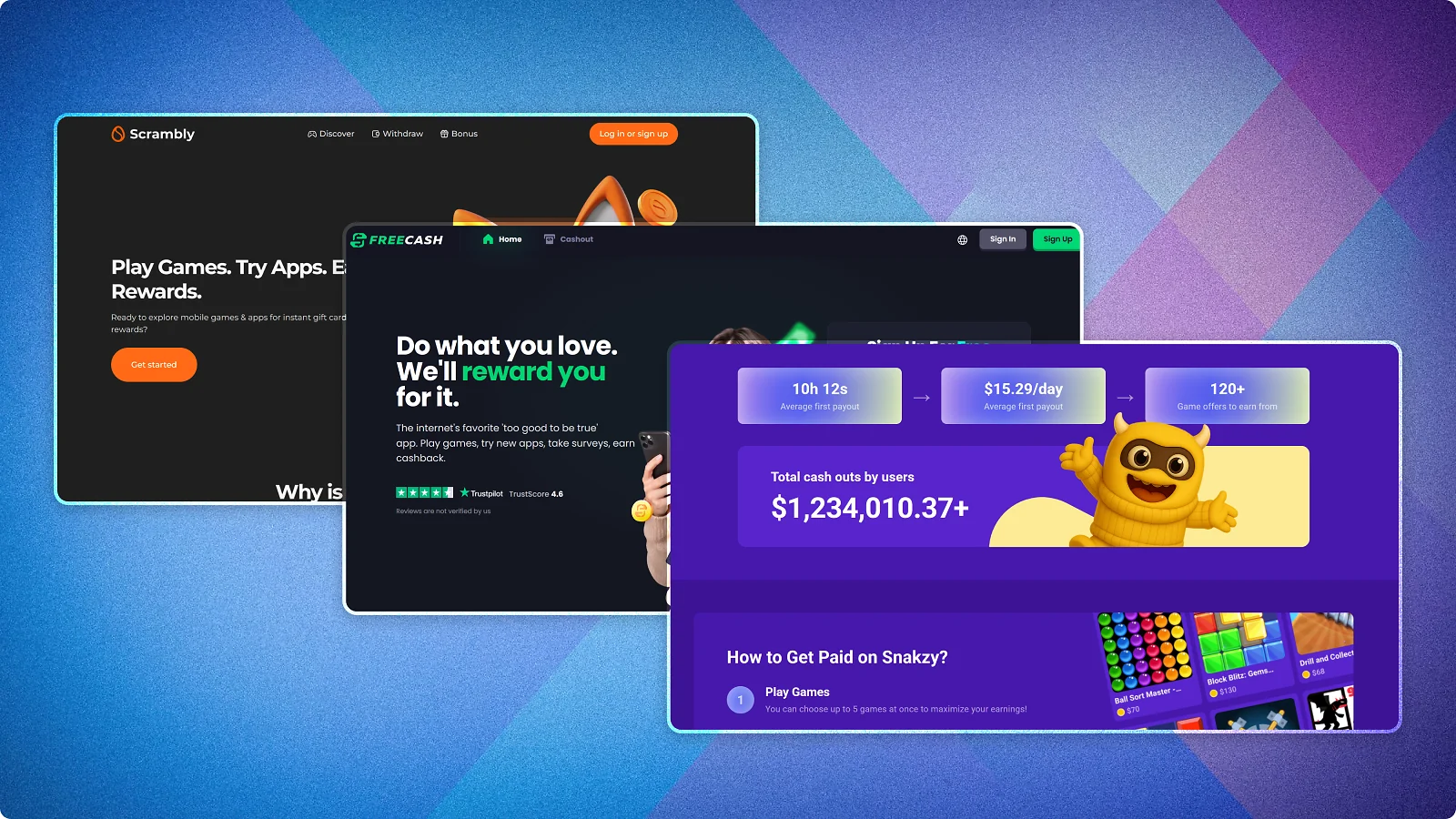 Snakzy, Freecash and Scrambly websites