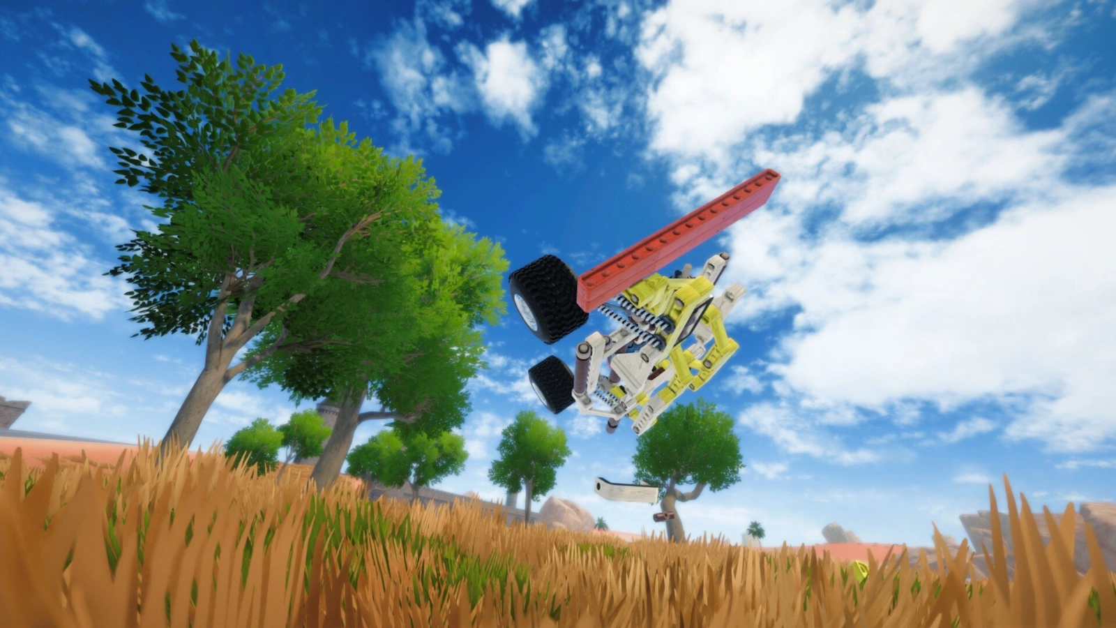 Screw Drivers yellow car wreckage flying through the air over field