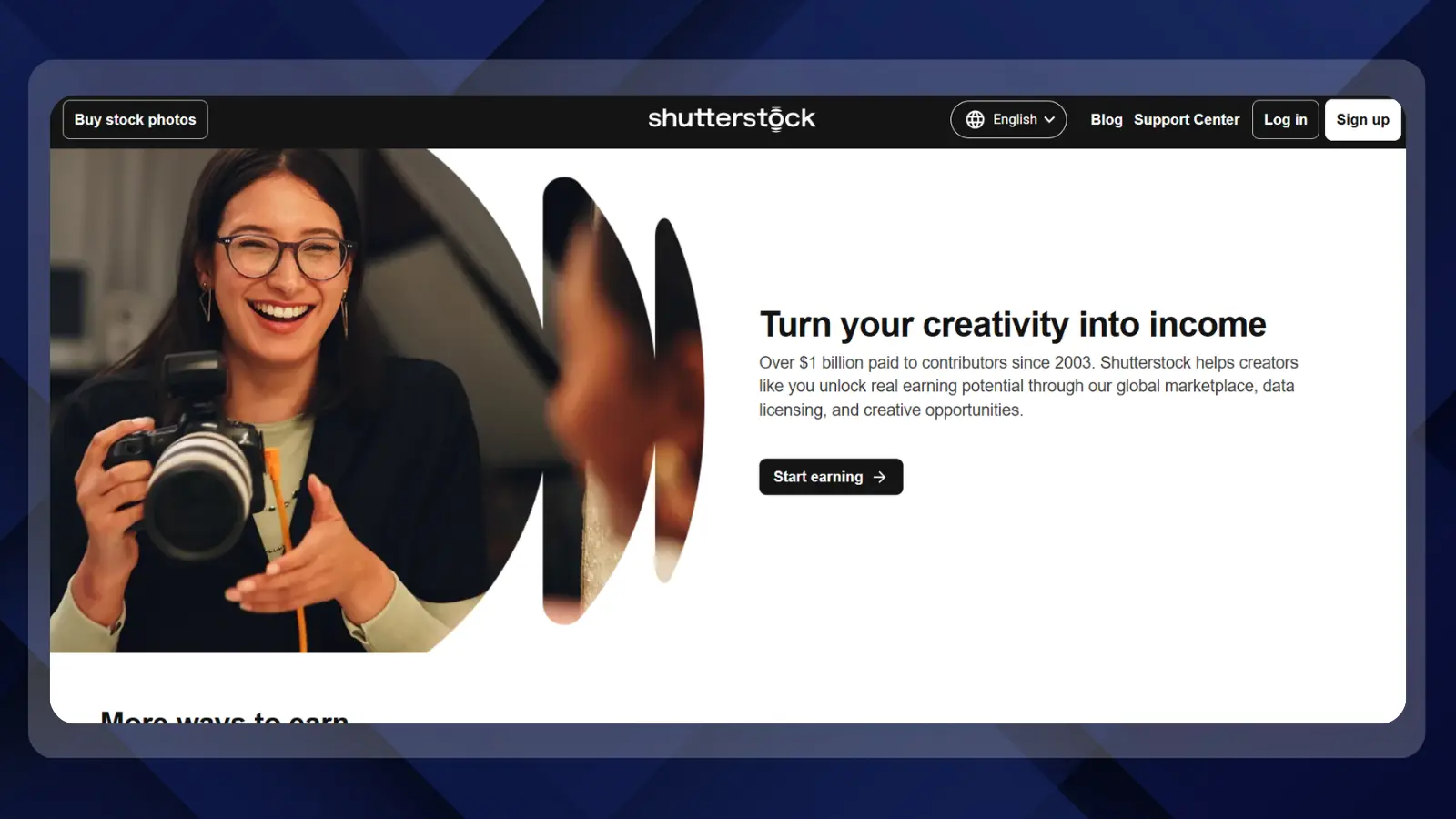 Shutterstock contributor homepage encouraging creators to earn income through photography and creative content, with a photographer holding a camera