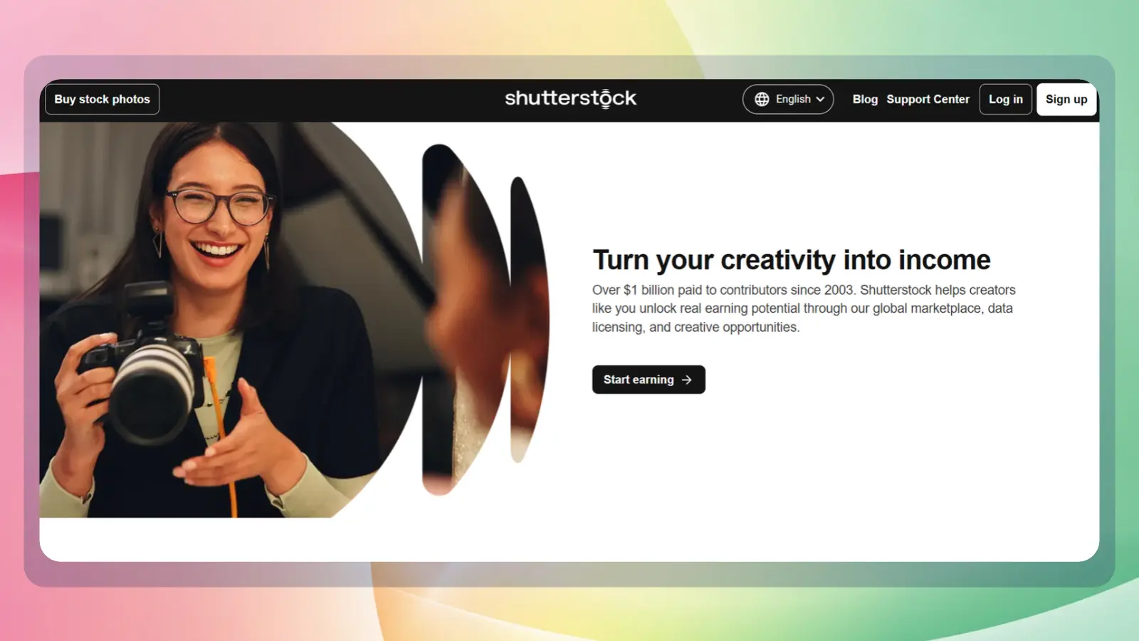 Shutterstock contributor page featuring a photographer and a message encouraging creators to earn income from their work