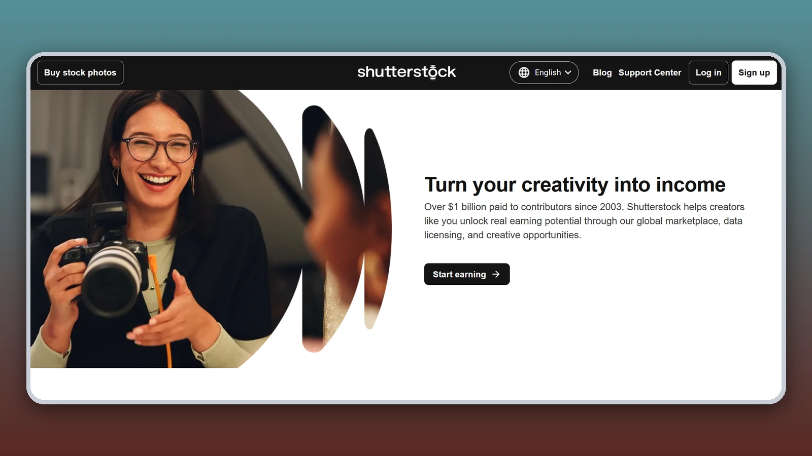 The Shutterstock contributor page reads “Turn your creativity into income” next to a smiling woman holding a camera