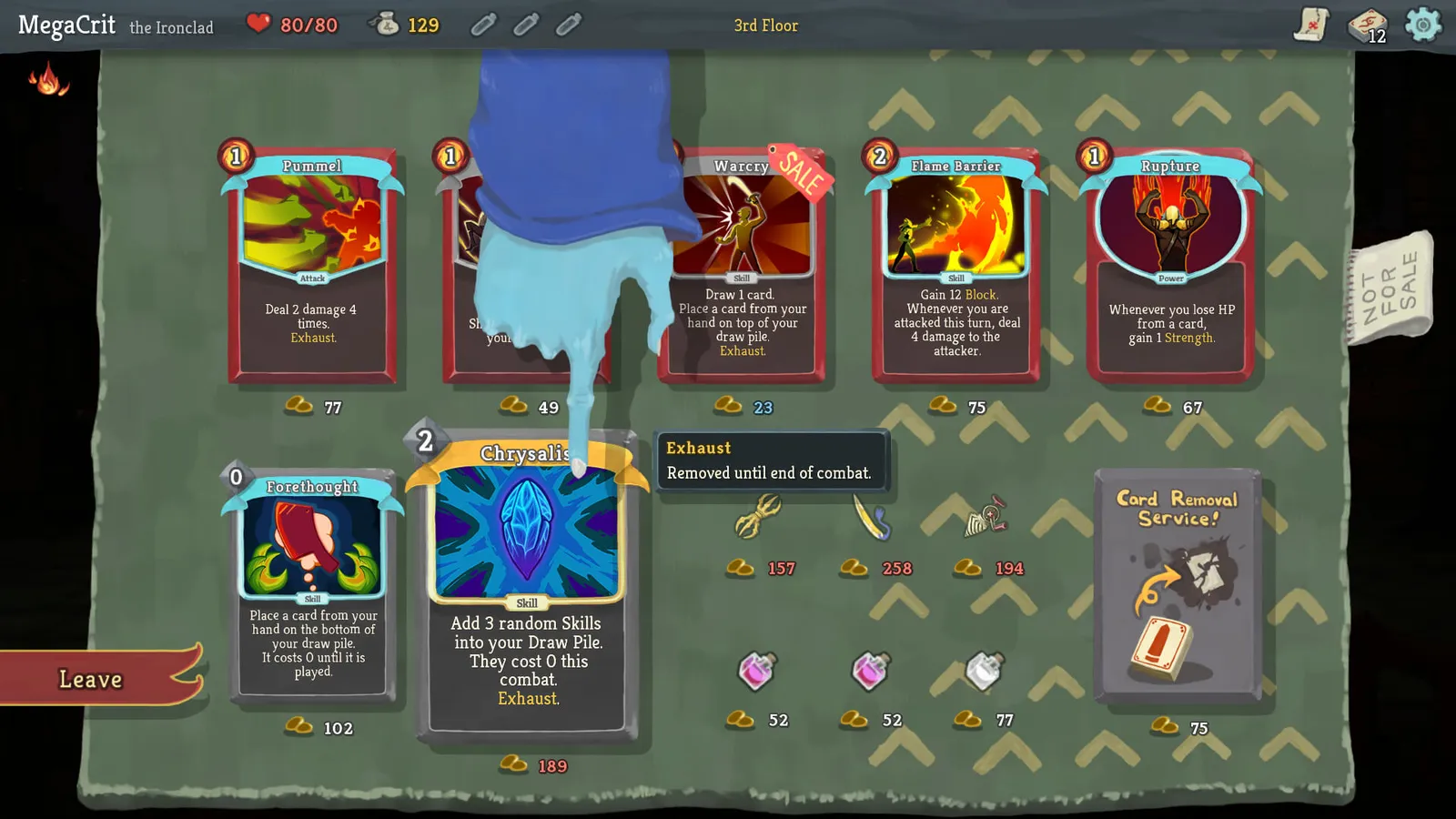 Slay the Spire merchant shop screen with cards potions and card removal service