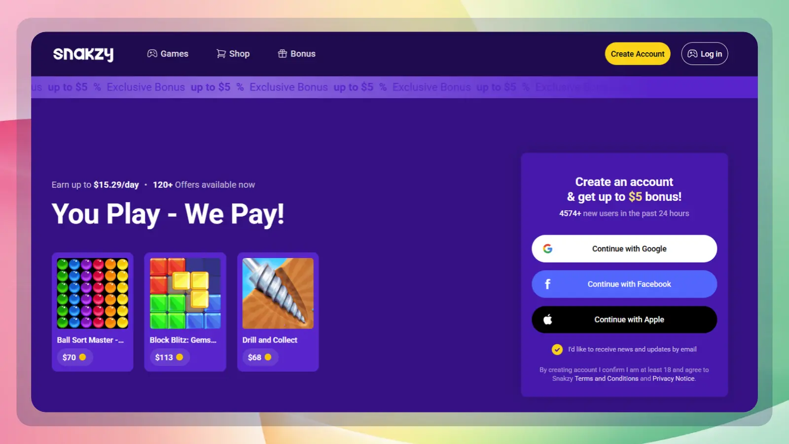 Snakzy homepage promoting rewards for playing games, with game offers, displayed earnings, and account registration options