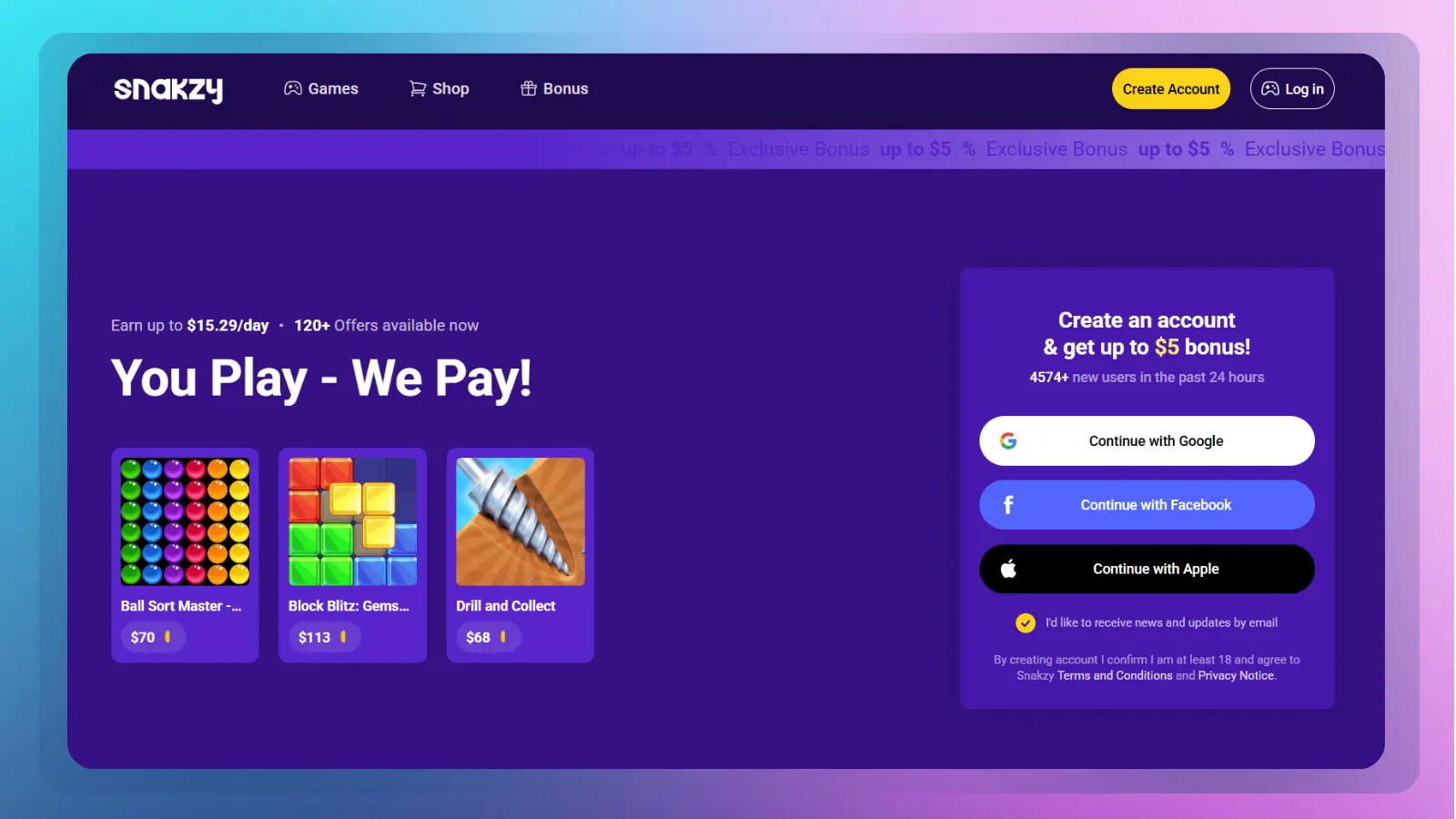 Snakzy website showing game offers with reward amounts and an account signup panel with Google, Facebook, and Apple login options