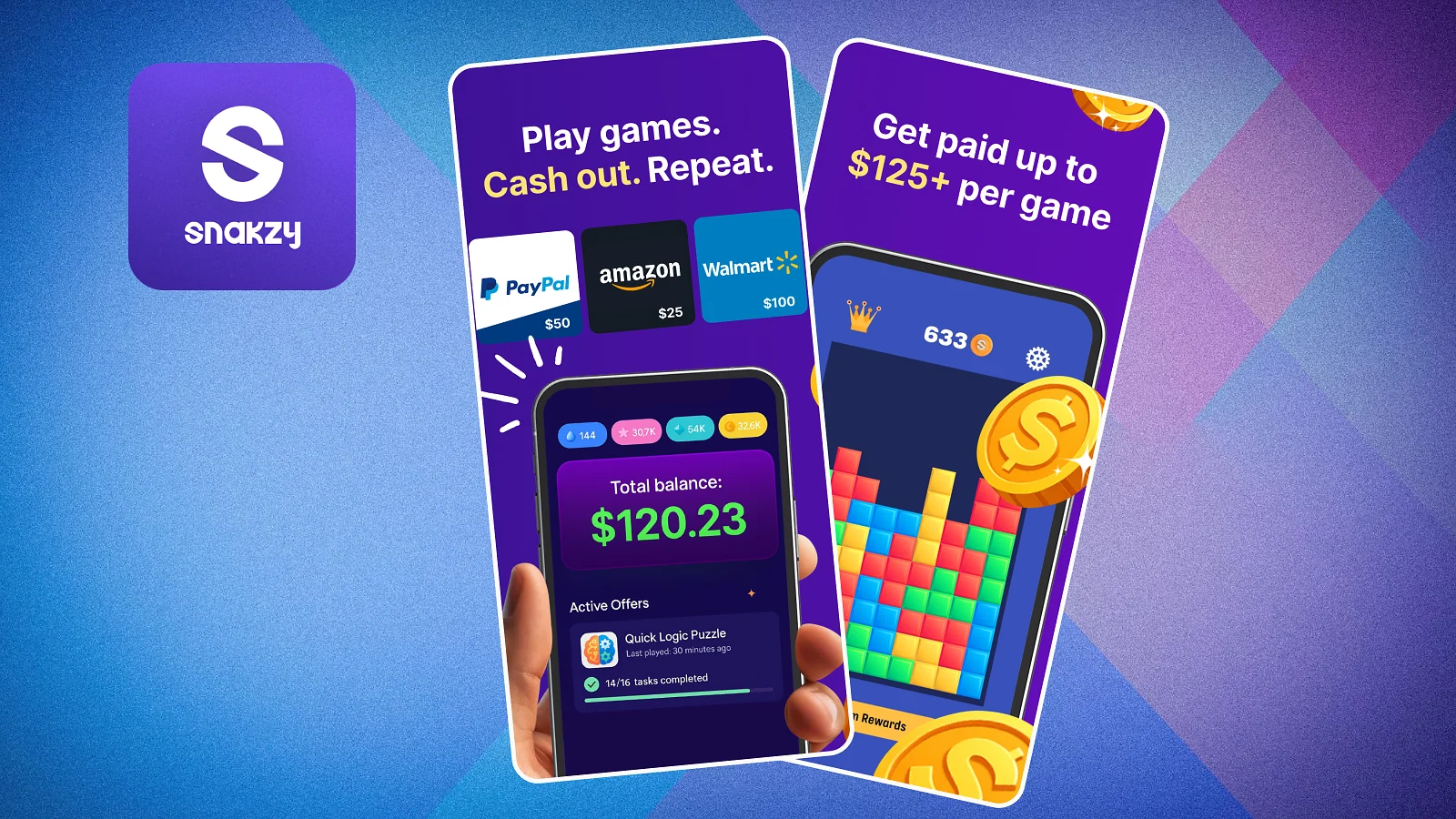 Snakzy mobile rewards app shown across three smartphone screens