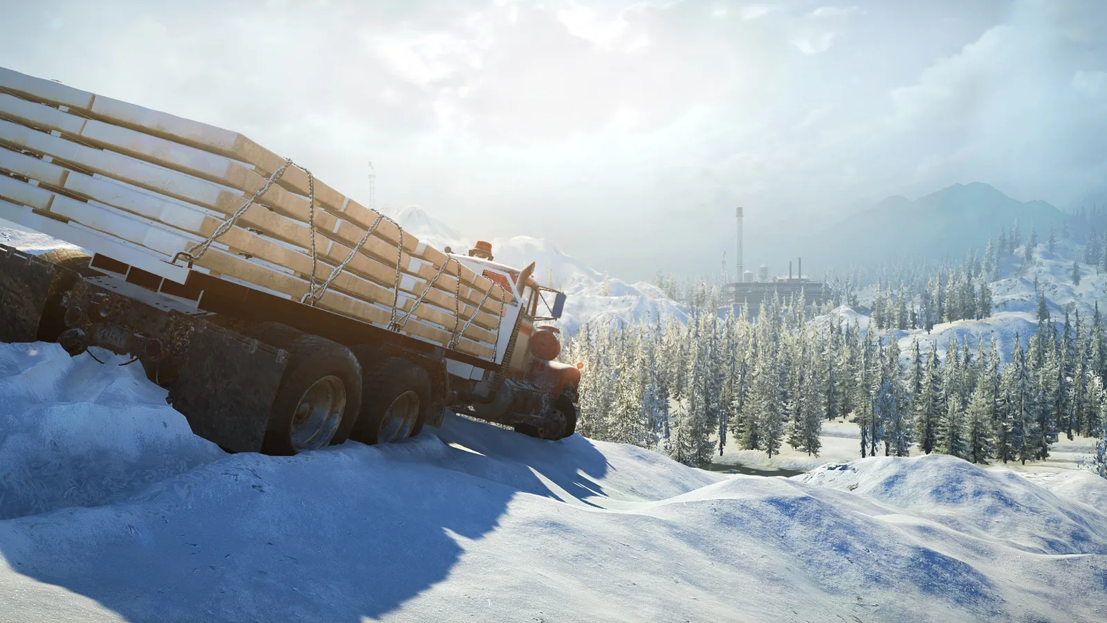 SnowRunner log truck cresting snowy hill overlooking pipeline facility