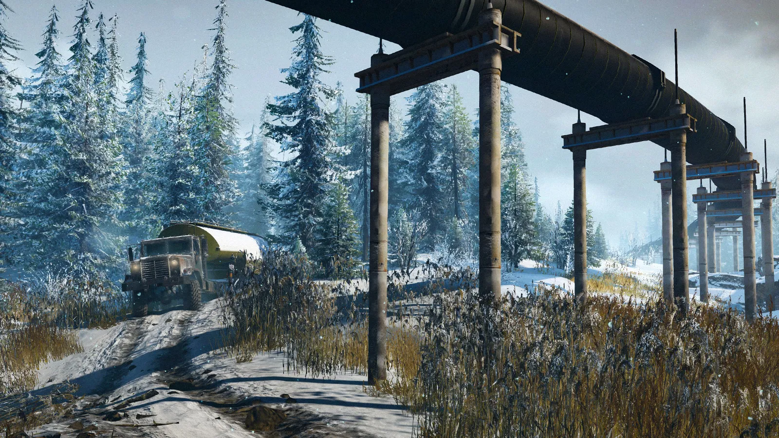 SnowRunner tanker truck driving under industrial pipeline in snowy forest