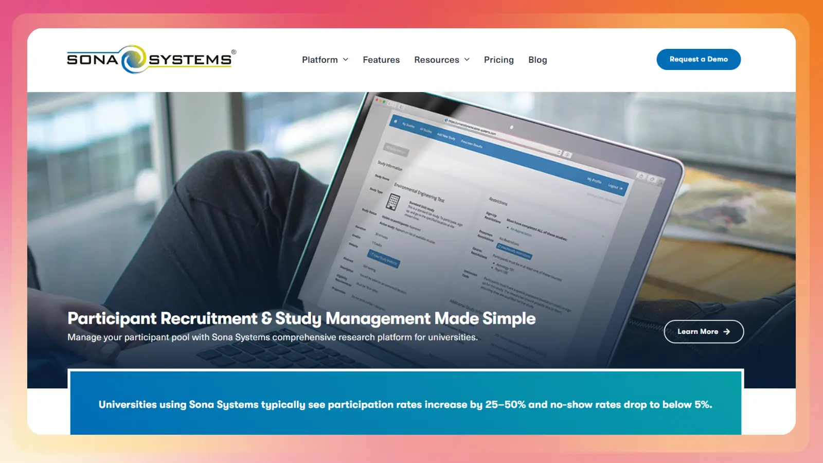 Sona Systems website showing a participant recruitment and study management platform on a laptop