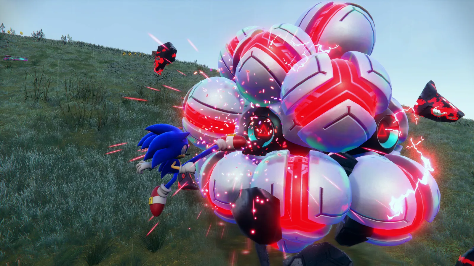 Sonic Frontiers sonic attacking large spiked enemy on grassy hill