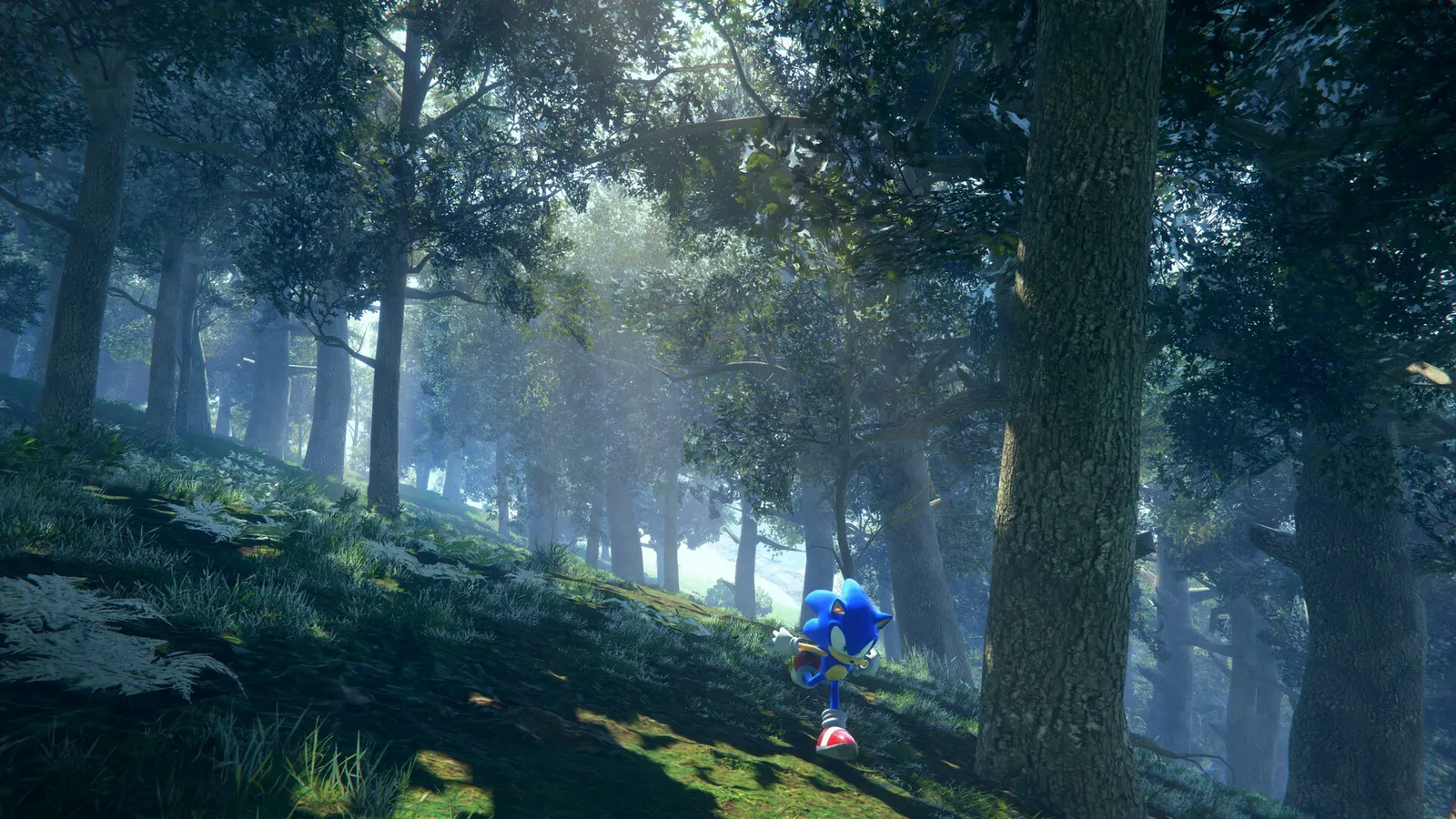 Sonic Frontiers sonic running through misty forest