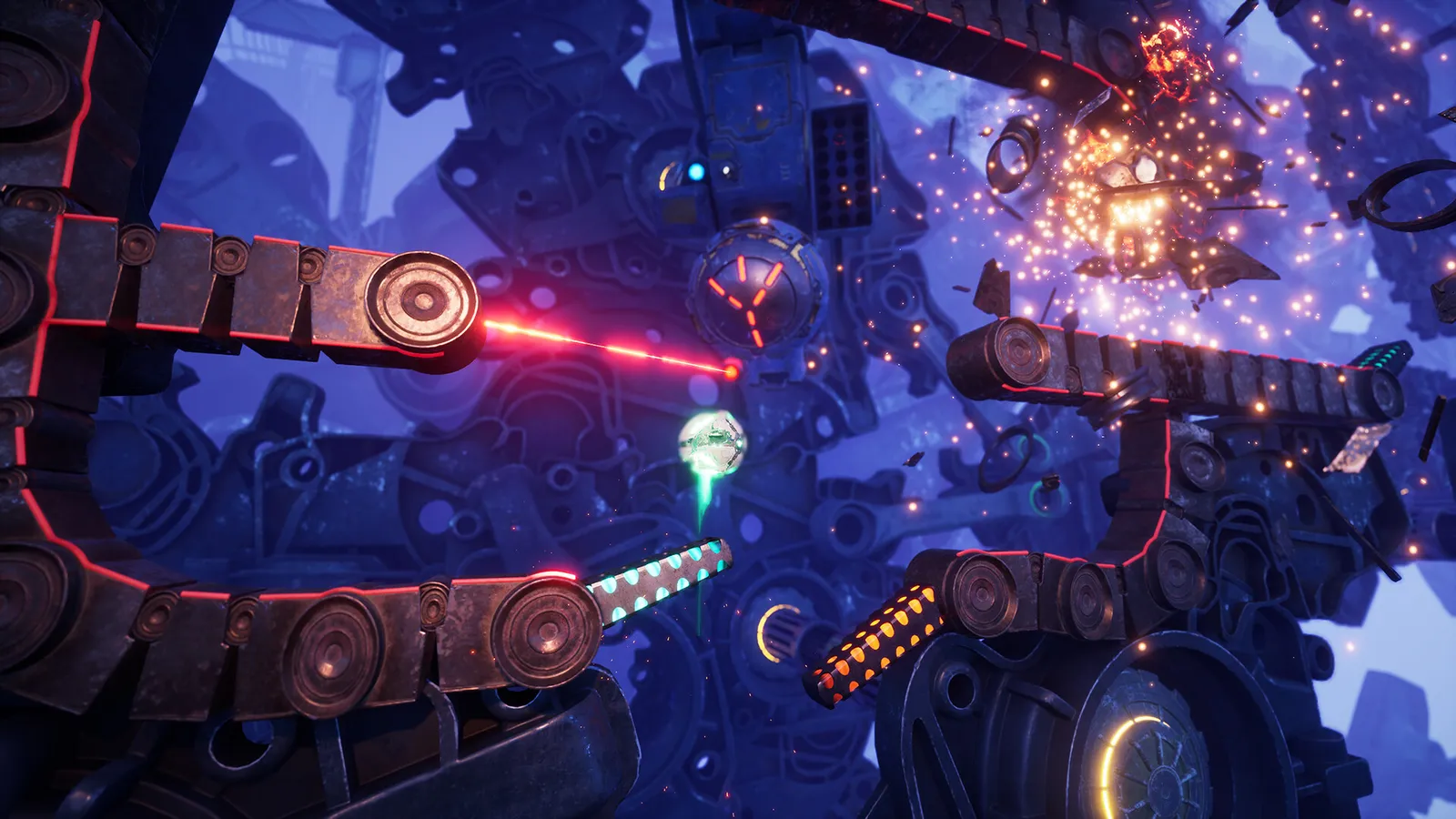 Split Fiction split screen battle inside a glowing mechanical boss core