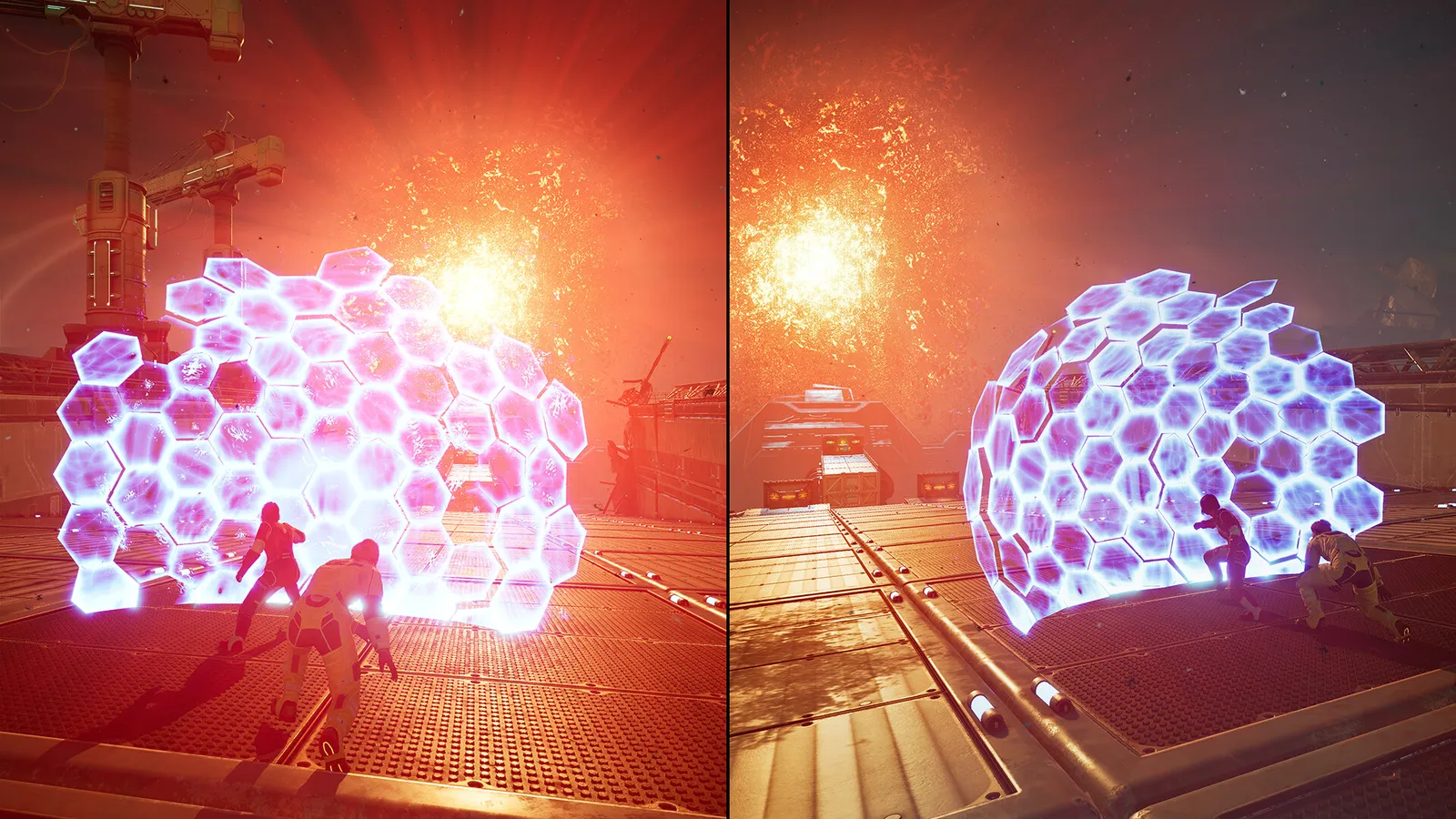 Split Fiction split screen characters behind a hexagonal energy shield amid an explosion