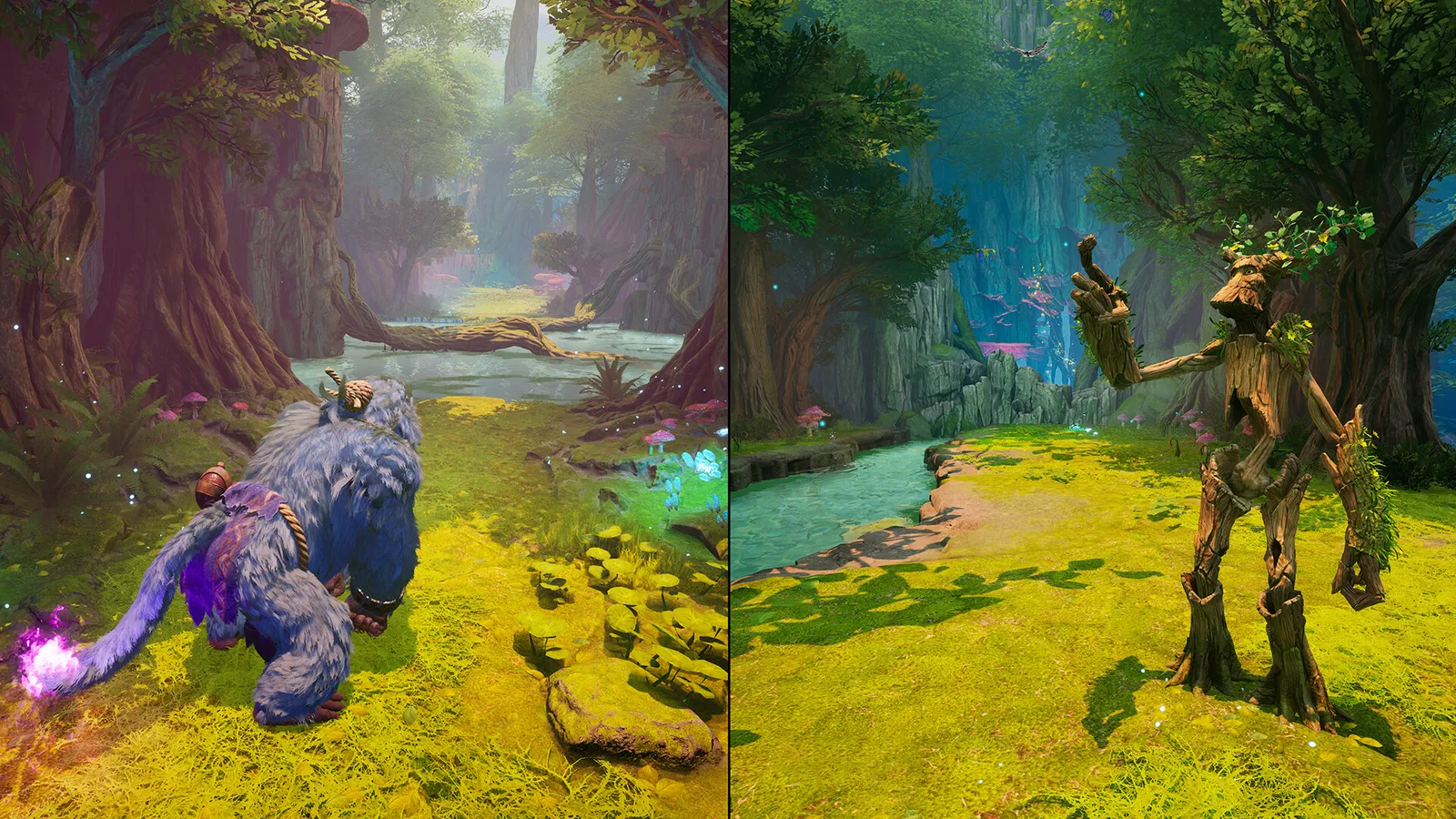 Split Fiction split screen enchanted forest with a furry beast and a tree creature