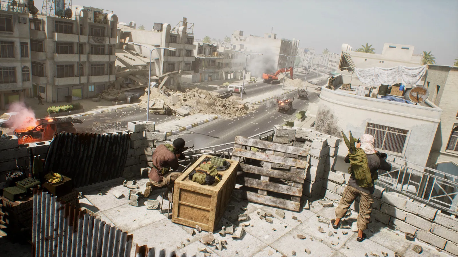Squad insurgents fire from a rooftop over a bombed out city street